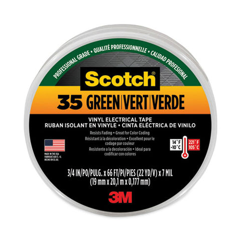 Scotch 35 Vinyl Electrical Color Coding Tape, 3" Core, 0.75" X 66 Ft, Green