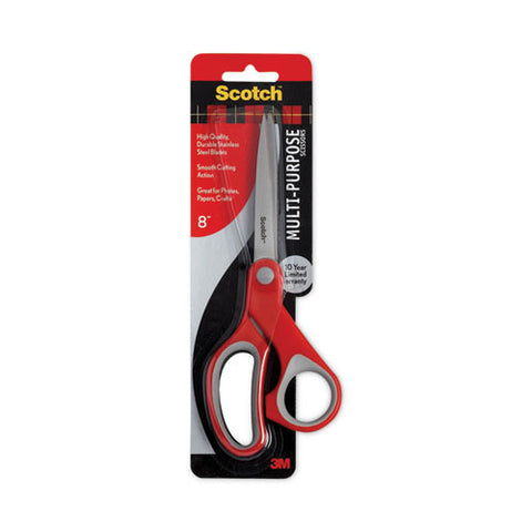 Multi-purpose Scissors, 8" Long, 3.38" Cut Length, Straight Gray/red Handle