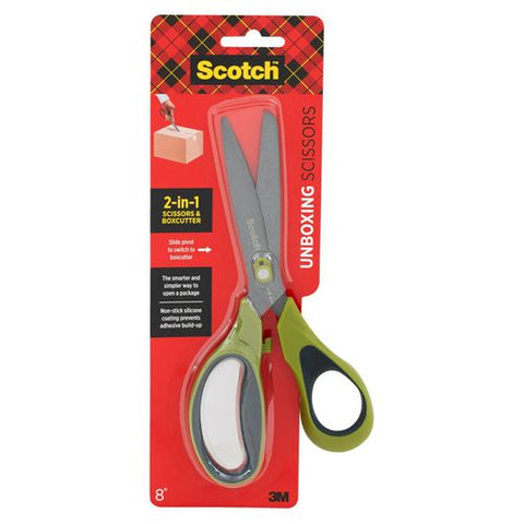 Non-stick Unboxing Scissors, 8" Long, 2.7" Cut Length, Straight Green/black Handle