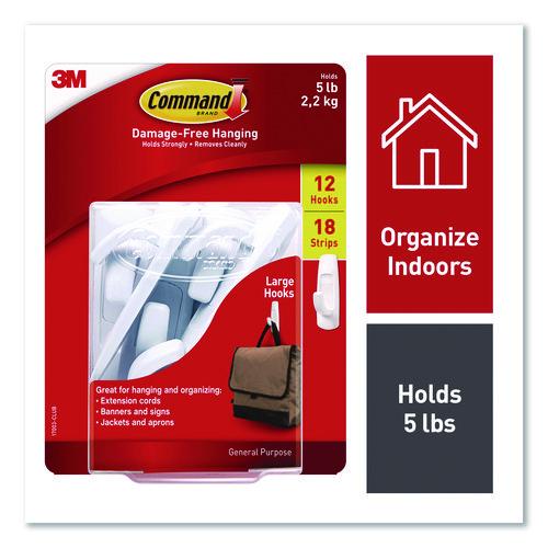 General Purpose Hooks, Large, Plastic, White, 5 Lb Capacity, 12 Hooks And 18 Strips/pack