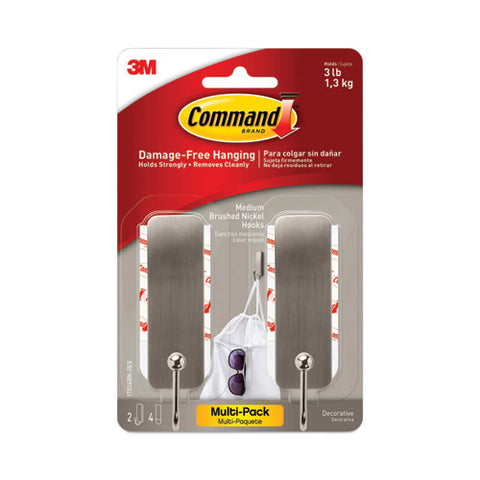 Decorative Hooks, Medium, Metal, Brushed Nickel, 3 Lb Capacity, 2 Hooks And 4 Strips/pack