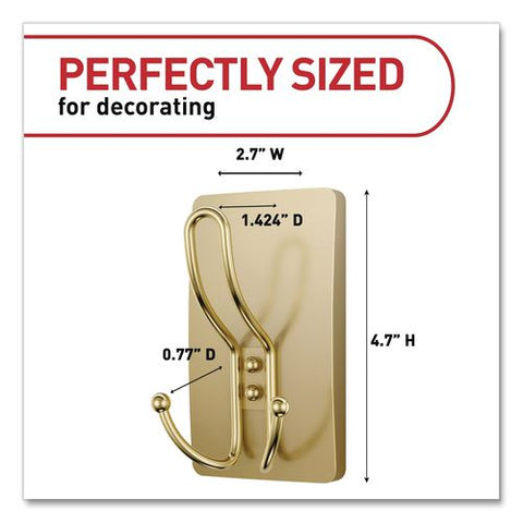 Decorative X-large Triple Hooks, Plastic, Satin Brass, Supports 10 Lb, 2/pack