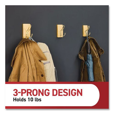 Decorative X-large Triple Hooks, Plastic, Satin Brass, Supports 10 Lb, 2/pack