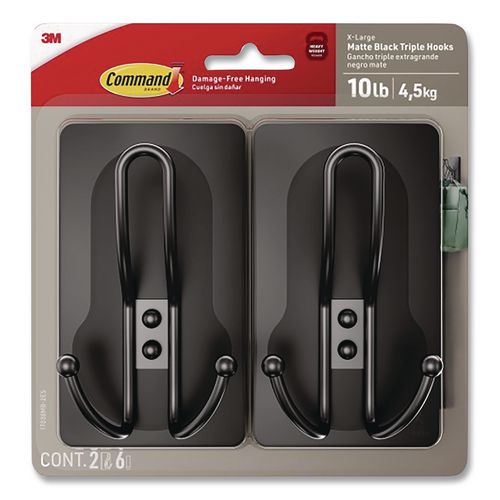 Decorative X-large Triple Hooks, Metal, Matte Black, Supports 10 Lb, 2/pack