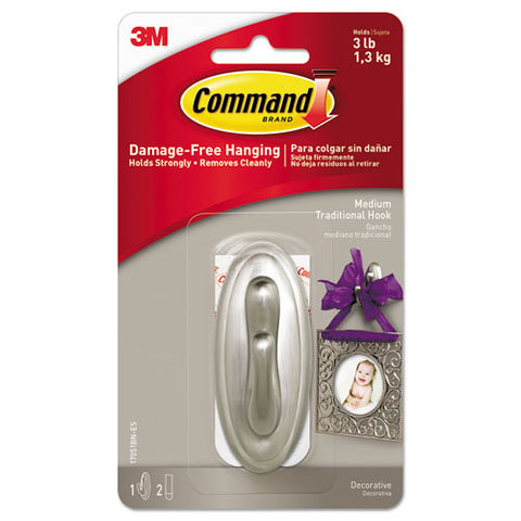 Decorative Hooks, Traditional, Medium, Plastic, Brushed Nickel, 3 Lb Capacity, 1 Hook And 2 Strips/pack