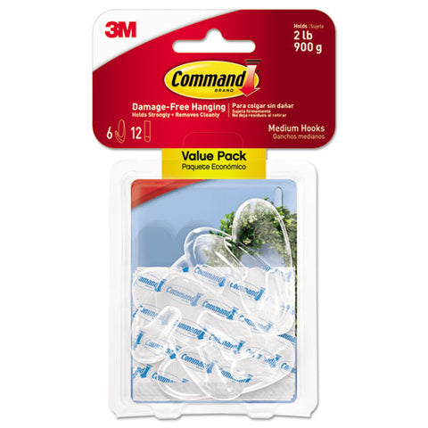 Clear Hooks And Strips, Medium, Plastic, 2 Lb Capacity, 6 Hooks And 12 Strips/pack