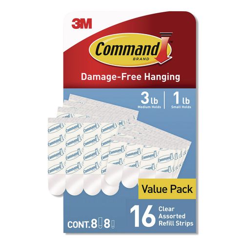 Damage-free Hanging Clear Refill Strips, Value Pack Assortment: (8) Medium(0.73" X 2.75"), (8) Small (0.62" X 2.12"), 16/pack