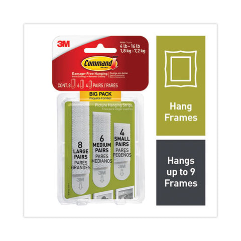 Picture Hanging Strips Big Pack, Removable, (4) Small, (6) Medium, (8) Large, White, 18 Pairs/pack