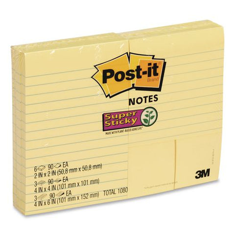 Canary Yellow Pads Combo Pack, (6) Unruled 1.88 X 1.88, (3) Note Ruled 4 X 4, (3) Note Ruled 4 X 6, 90 Sheets/pad, 12 Pads/pk