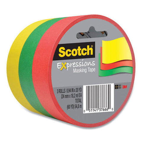 Expressions Masking Tape, 3" Core, 0.94" X 20 Yds, Red, Green, Yellow, 3 Rolls/pack