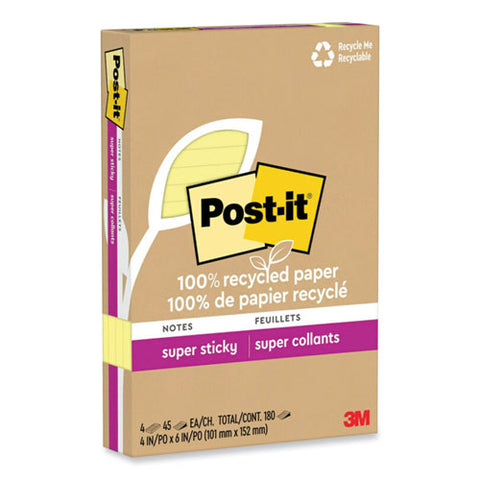 100% Recycled Paper Super Sticky Notes, Ruled, 4" X 6", Canary Yellow, 45 Sheets/pad, 4 Pads/pack