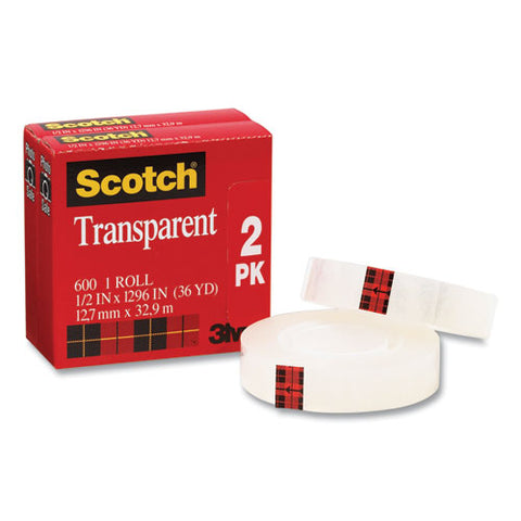 Transparent Tape, 1" Core, 0.5" X 36 Yds, Crystal Clear, 2/pack