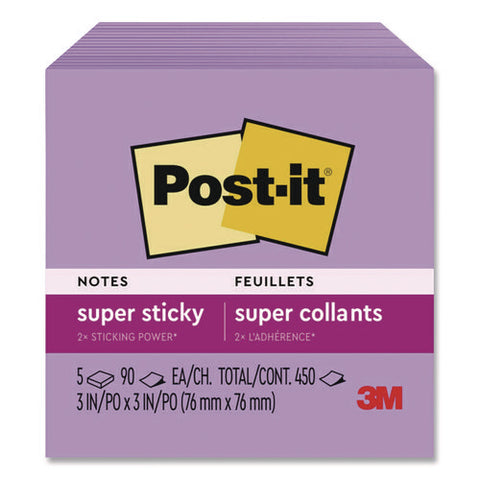 Super Sticky Notes, 3 X 3, Mulberry, 90 Sheets/pad, 5 Pads/pack