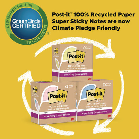 100% Recycled Paper Super Sticky Notes, 3" X 3", Oasis, 70 Sheets/pad, 24 Pads/pack