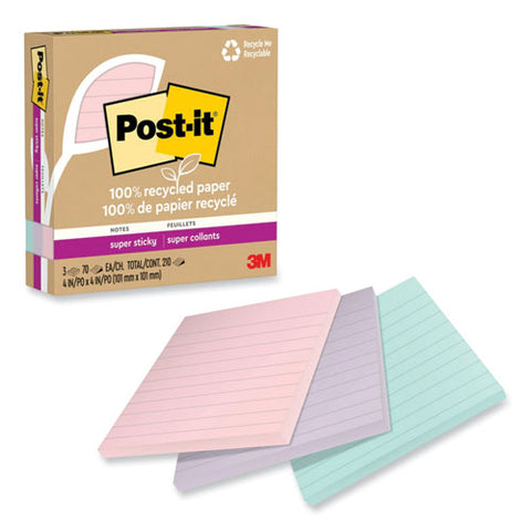 100% Recycled Paper Super Sticky Notes, Ruled, 4" X 4", Wanderlust Pastels, 70 Sheets/pad, 3 Pads/pack