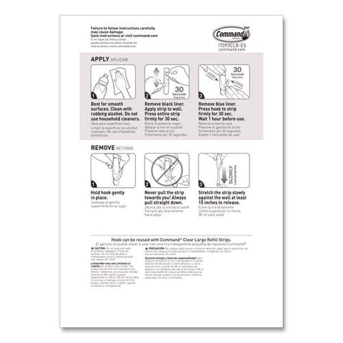 Large Utility Hook, Plastic, Clear, Supports 4 Lb, 3 Hooks And 6 Strips/pack