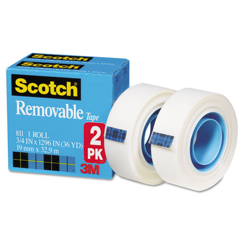 Removable Tape, 1" Core, 0.75" X 36 Yds, Transparent, 2/pack