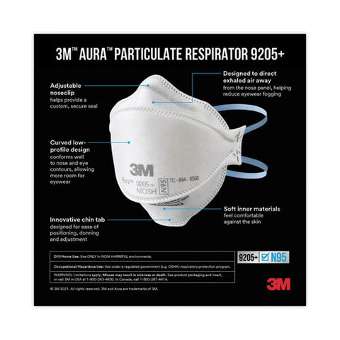 Aura Particulate Respirator 9205+, N95, One Size Fits All, 20/pack