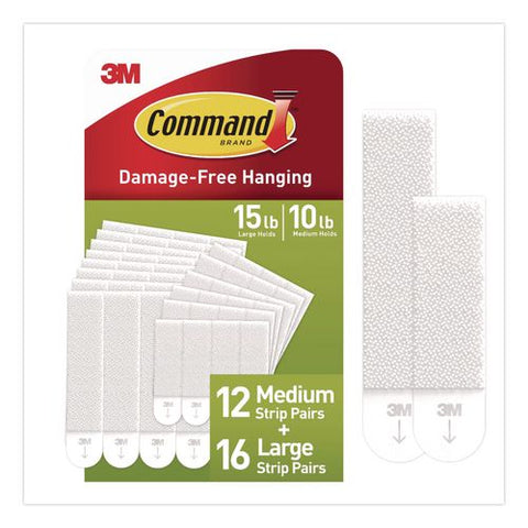 Damage-free Hanging Picture Hanging Strip Pairs, (16) Large (0.75" X 3.65"), (12) Medium (0.63" X 2.75"), White, 28/pack