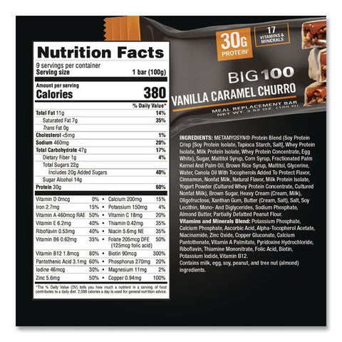 Big 100 Vanilla Caramel Churro Protein Bar, 9/box