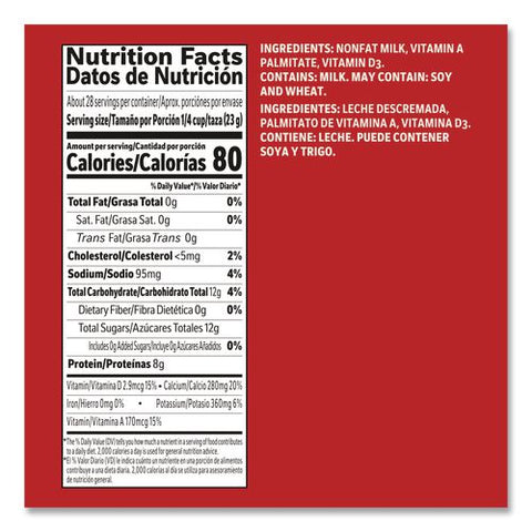 Instant Nonfat Dry Milk, Unsweetened, 8.5 Lb Canister, 6/carton