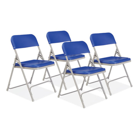 800 Series Premium Plastic Folding Chair, Supports Up To 500 Lb, 18" Seat Height, Blue Seat, Blue Back, Gray Base, 4/carton