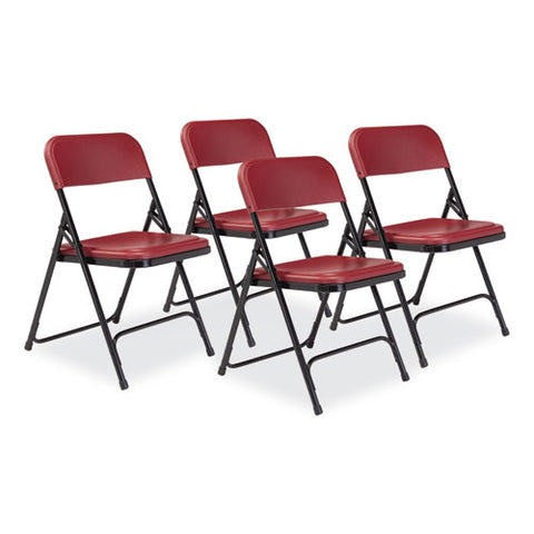 800 Series Plastic Folding Chair, Supports Up To 500 Lb, 18" Seat Height, Burgundy Seat, Burgundy Back, Black Base, 4/carton