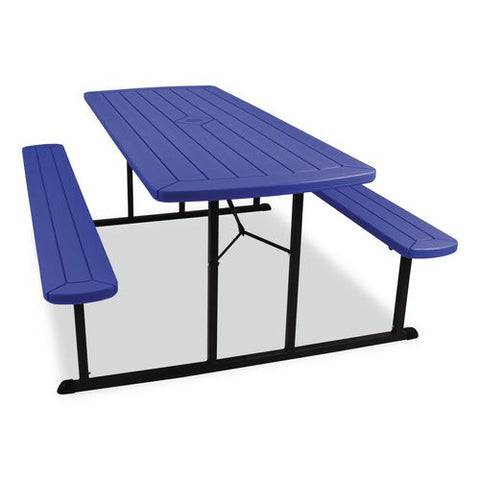Blow Molded Folding Picnic Table, Rectangular, 57w X 72d X 29.5h, Blue Top, Black Base/legs