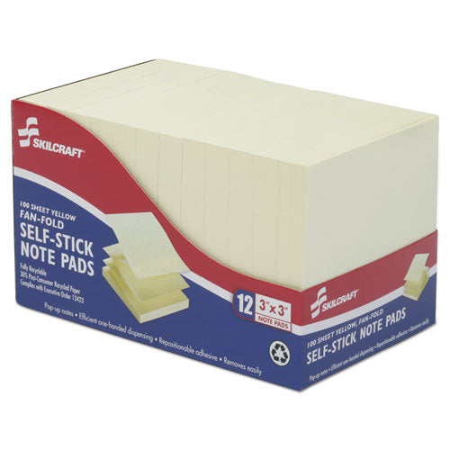 7530013526616, Skilcraft Fan-fold Self-stick Note Pad, 3" X 3", Yellow, 100 Sheets/pad, 12 Pads/pack