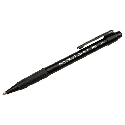 7520014244865, Skilcraft Cushion Grip Ballpoint Pen, Retractable, Medium 1 Mm, Black Ink, Black Barrel, Dozen