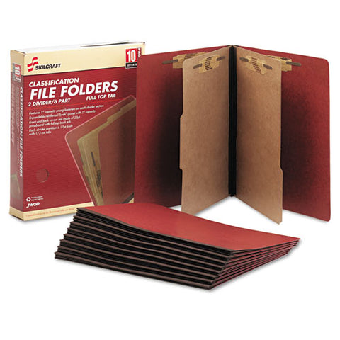 7530015567912, Skilcraft Pressboard Top Tab Classification Folder, 2 Dividers, 6 Fasteners, Letter Size, Earth Red, 10/box
