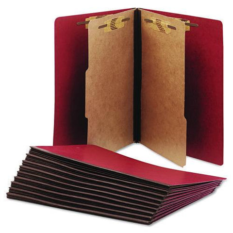 7530015567912, Skilcraft Pressboard Top Tab Classification Folder, 2 Dividers, 6 Fasteners, Letter Size, Earth Red, 10/box