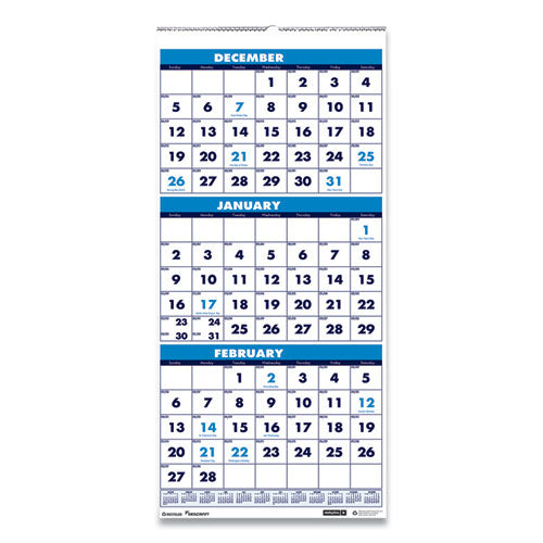 7510016828102, Skilcraft Wirebound 3-month-view Vertical Wall Calendar, 12.25 X 26, White/blue, 14-month: Dec 2025 - Jan 2027