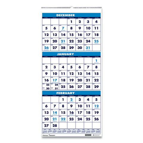 7510016828102, Skilcraft Wirebound 3-month-view Vertical Wall Calendar, 12.25 X 26, White/blue, 14-month: Dec 2025 - Jan 2027
