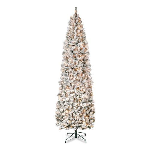 Pre-lit Acacia Flocked Slim Tree, 35" X 35" X 108", Green Tree, Green Tree Stand