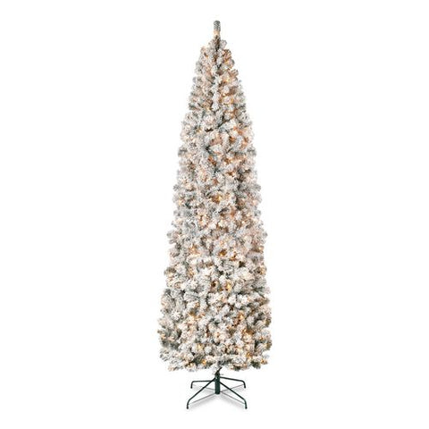 Pre-lit Acacia Flocked Slim Tree, 35" X 35" X 108", Green Tree, Green Tree Stand
