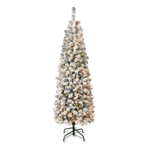 Pre-lit Acacia Flocked Slim Tree, 24" X 24" X 70.8", Green Tree, Green Tree Stand