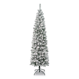 Acacia Pencil Slim Flocked Tree, 26" X 26" X 88.5", Green Tree, Green Tree Stand