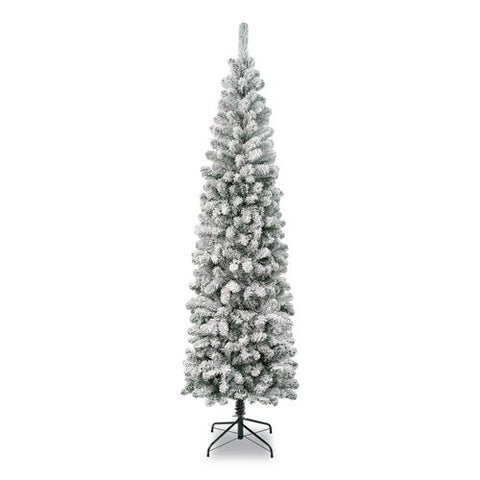 Acacia Pencil Slim Flocked Tree, 26" X 26" X 88.5", Green Tree, Green Tree Stand