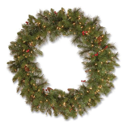 Pre-lit Crestwood Spruce Wreath, Ac Powered, Clear Incandescent Lights, 36" Diameter X 5"h, Green