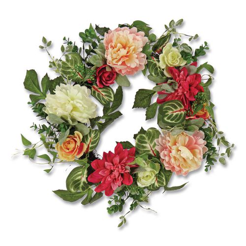 Mixed Garden Flowers Spring Wreath, 22" Diameter X 5"h, Pink