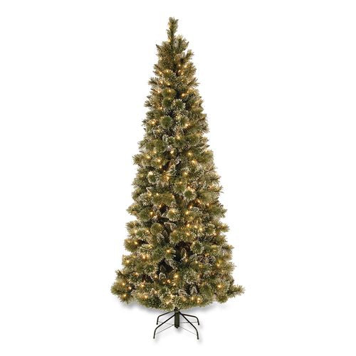 Pre-lit Glittery Bristle Slim Tree, 42" X 42" X 90", Green Tree, Green Tree Stand