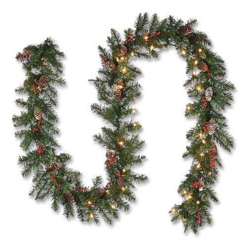 Pre-lit Glittery Mountain Spruce Garland, Ac Powered, Clear Incandescent Lights, 108" Long, Green