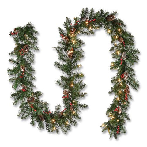 Pre-lit Glittery Mountain Spruce Garland, Ac Powered, Clear Incandescent Lights, 108" Long, Green