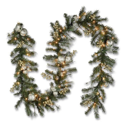 Pre-lit Glittery Pine Pomegranate Garland, Ac Powered, Clear Incandescent Lights, 108" Long, Green