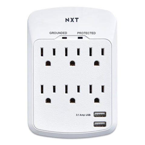 Wall-mount Surge Protector, 6 Ac Outlets/2 Usb Ports, 1,200 J, White