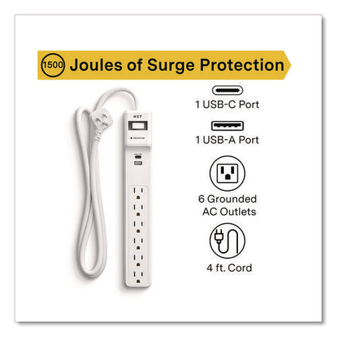 6-outlet Plus Usb Surge Protector, 6 Ac Outlets/2 Usb Outlets, 4 Ft Cord, 1,500 J, White