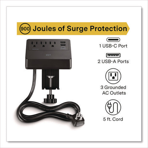 3-outlet Plus Usb Surge Protector, 3 Ac Outlets/3 Usb Outlets, 5 Ft Cord, 900 J, Black