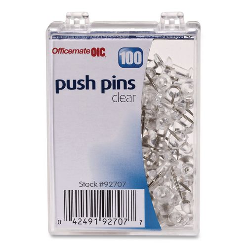 Push Pins, Clear Plastic Head, 0.5" Pin, 100/box