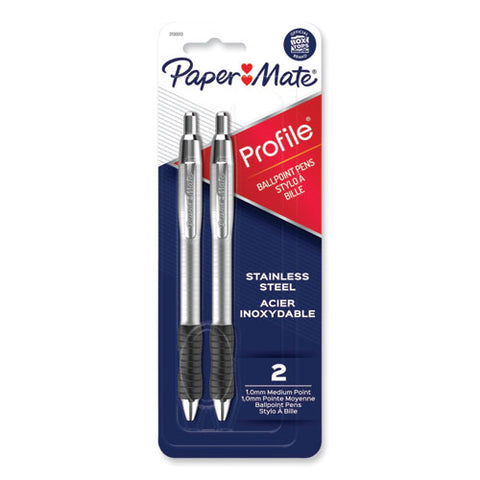 Profile Ballpoint Pen, Retractable, Medium, 1 Mm, Black Ink, Black/silver Barrel, 2/pack